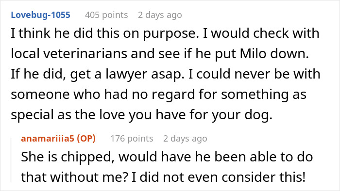 A Reddit discussion about a lost dog and relationship concerns. A Reddit discussion about a lost dog and relationship concerns.