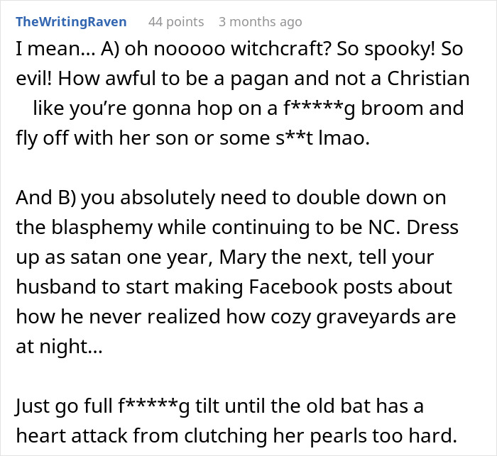 Text exchange discussing dressing as a witch for Halloween and being called "dangerous" by a religious MIL. Text exchange discussing dressing as a witch for Halloween and being called "dangerous" by a religious MIL.