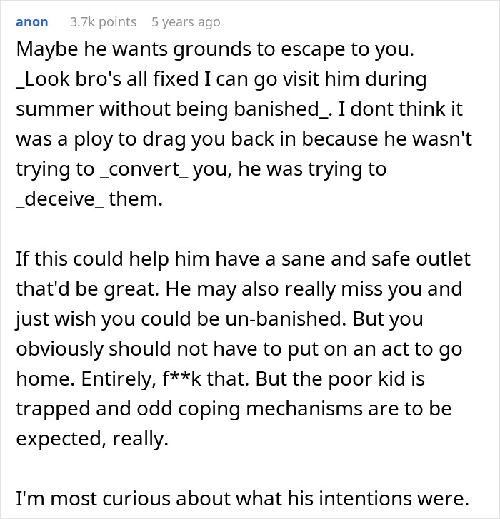 Text regarding teen's actions with religious parents, discussing deception and intentions. Text regarding teen's actions with religious parents, discussing deception and intentions.