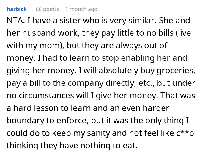 Reddit comment discussing the issue of buying groceries for a sister without giving her money. Reddit comment discussing the issue of buying groceries for a sister without giving her money.