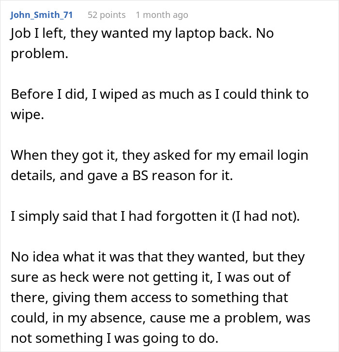 Text exchange about entitled boss's attempt to access ex-employee's login details after job departure. Text exchange about entitled boss's attempt to access ex-employee's login details after job departure.