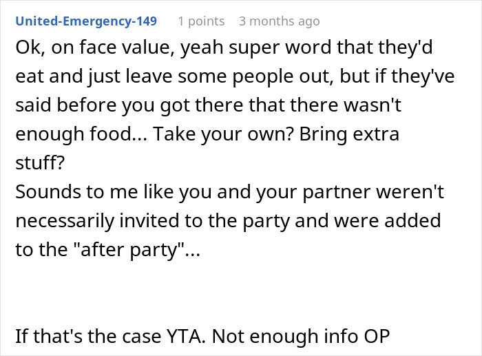 A Reddit comment discussing a group of friends who only let guests eat leftovers. A Reddit comment discussing a group of friends who only let guests eat leftovers.