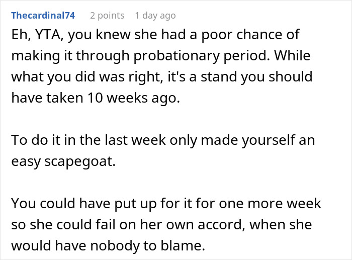 Comment thread discussing blame for failing probation due to lateness. Comment thread discussing blame for failing probation due to lateness.