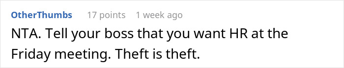 Online comment on workplace food theft, suggesting HR involvement. Online comment on workplace food theft, suggesting HR involvement.