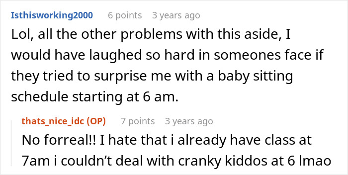 Text discussion on unexpected babysitting schedule, addressing refusal by the daughter. Text discussion on unexpected babysitting schedule, addressing refusal by the daughter.