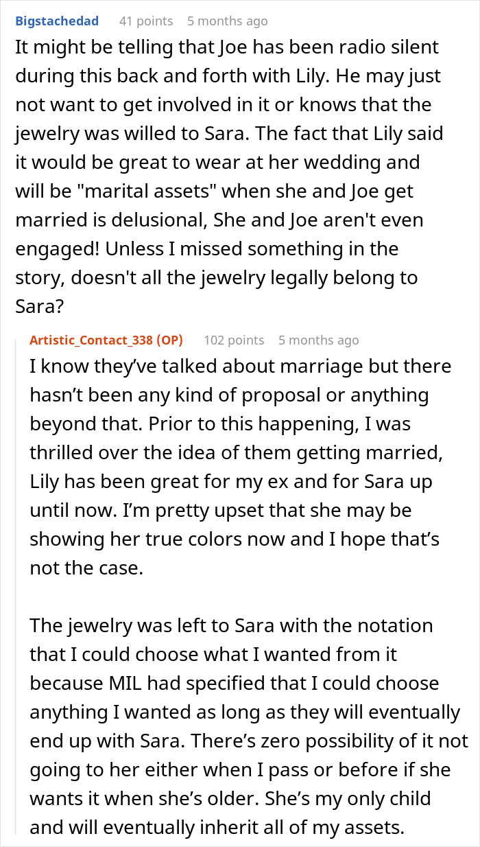 Discussion about stepdaughter's jewelry inheritance; mom protects daughter's rights. Discussion about stepdaughter's jewelry inheritance; mom protects daughter's rights.