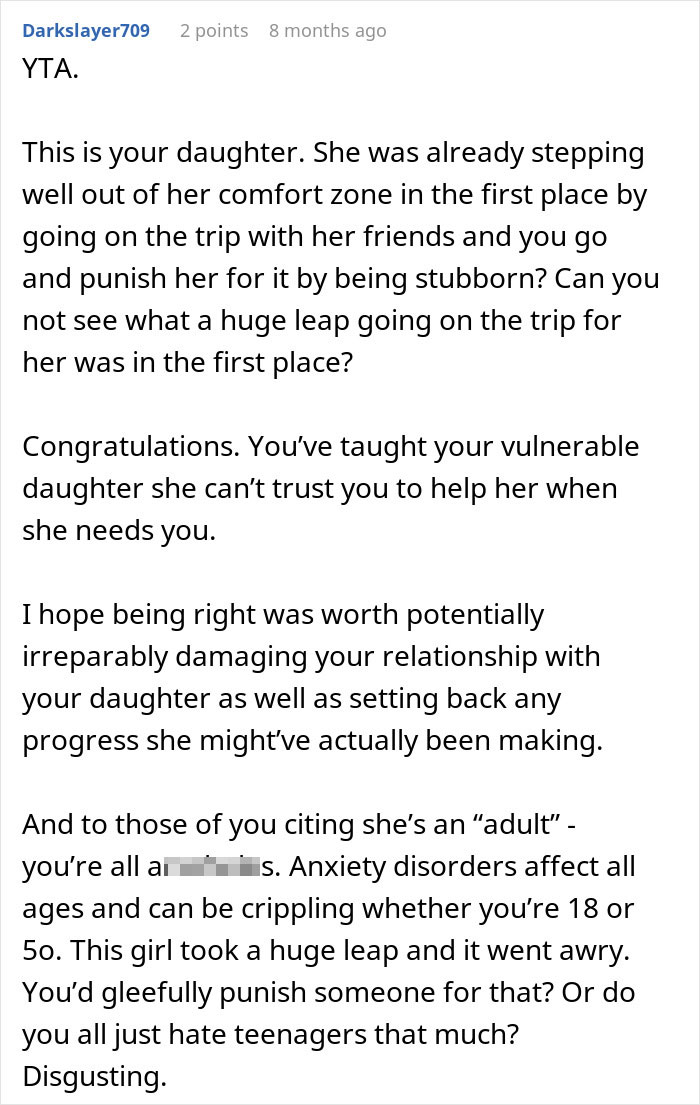 Reddit comment criticizing a parent for refusing to pick up their anxious daughter from a road trip. Reddit comment criticizing a parent for refusing to pick up their anxious daughter from a road trip.
