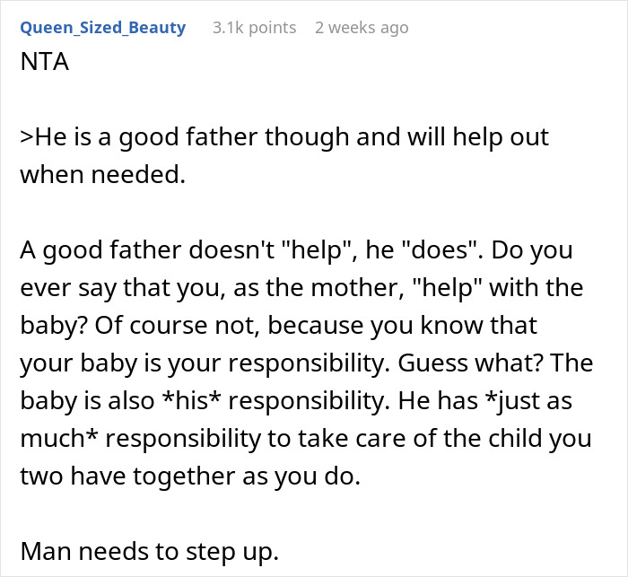 Text commenting on husband not taking equal responsibility for infant care. Text commenting on husband not taking equal responsibility for infant care.