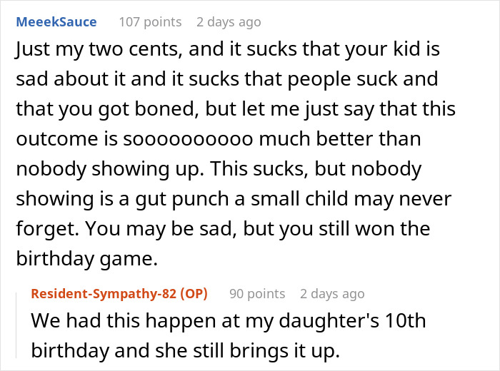 Image showing online comments discussing a parent's experience of no RSVPs for their child's party. Image showing online comments discussing a parent's experience of no RSVPs for their child's party.