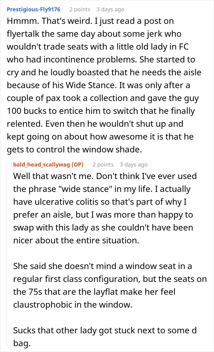 Reddit users discuss incident of an elderly woman offering $100 to switch seats. Reddit users discuss incident of an elderly woman offering $100 to switch seats.