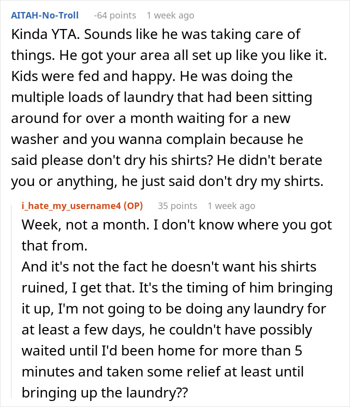 Screenshot of a Reddit exchange about a wife's frustration over her husband's comment on laundry right after she returned home from surgery. Screenshot of a Reddit exchange about a wife's frustration over her husband's comment on laundry right after she returned home from surgery.