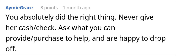 Comment supporting offering groceries from Dollar Tree to sister. Comment supporting offering groceries from Dollar Tree to sister.