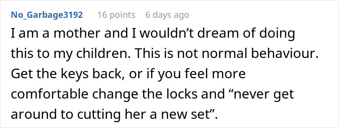 Text from a commenter advising a mother on boundaries regarding access to daughter's home. Text from a commenter advising a mother on boundaries regarding access to daughter's home.