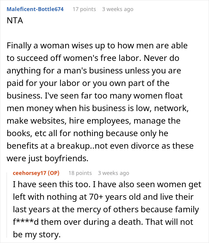 Reddit discussion about a partner refusing free labor in response to being excluded from a will. Reddit discussion about a partner refusing free labor in response to being excluded from a will.