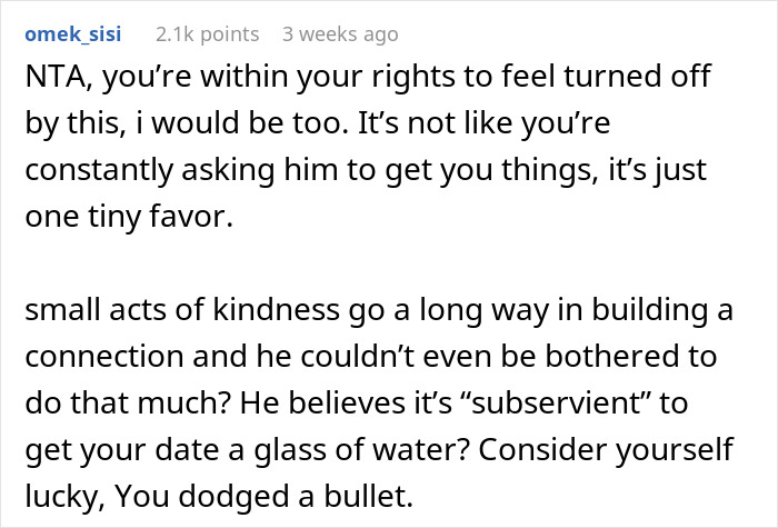 Text discussing a situation where a date refuses to get water, emphasizing kindness and connection in relationships. Text discussing a situation where a date refuses to get water, emphasizing kindness and connection in relationships.