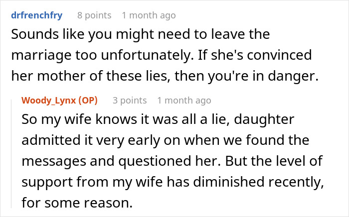 Reddit comment thread discussing stepdaughter's lies affecting family dynamics. Reddit comment thread discussing stepdaughter's lies affecting family dynamics.