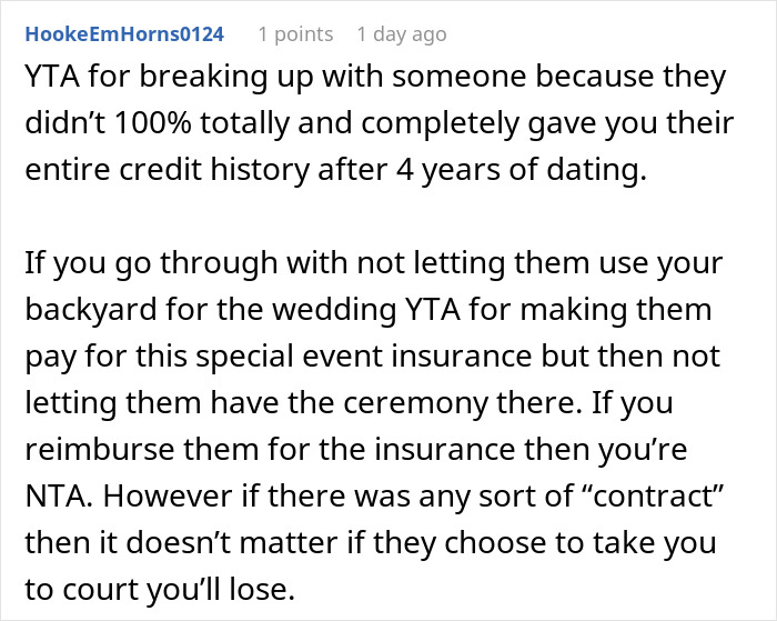 Reddit comment discussing refusal of backyard use for wedding due to denial of plus-one. Reddit comment discussing refusal of backyard use for wedding due to denial of plus-one.
