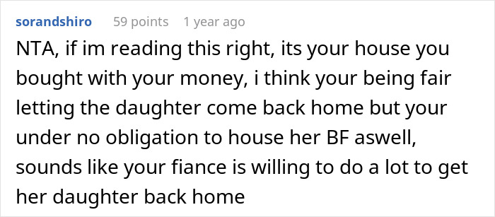 Reddit comment on stepdad's refusal to house daughter's boyfriend, with advice on home obligations. Reddit comment on stepdad's refusal to house daughter's boyfriend, with advice on home obligations.
