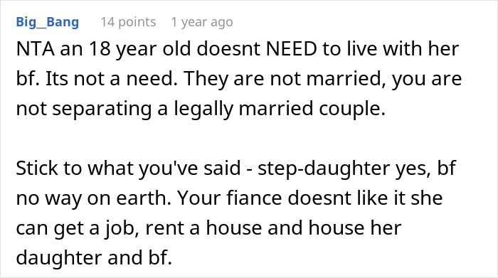 Reddit comment discussing an 18-year-old moving out to live with a boyfriend, advice given by user Big_Bang. Reddit comment discussing an 18-year-old moving out to live with a boyfriend, advice given by user Big_Bang.