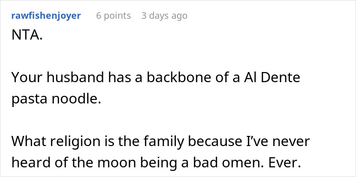 A humorous comment on social media discussing a family upset by a woman’s choice of baby name. A humorous comment on social media discussing a family upset by a woman’s choice of baby name.