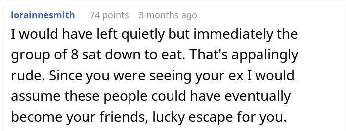 Text comment about a group of friends eating and leaving only leftovers for guests, described as rude. Text comment about a group of friends eating and leaving only leftovers for guests, described as rude.