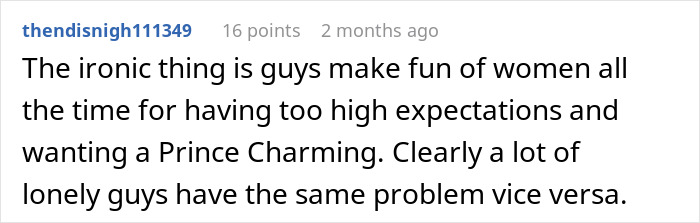 Text comment about lonely guys having high expectations, comparing it to women's expectations for a "Prince Charming. Text comment about lonely guys having high expectations, comparing it to women's expectations for a "Prince Charming.