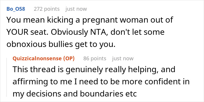 Reddit comments about a man insisting a stranger give up a prepaid train seat for his pregnant wife. Reddit comments about a man insisting a stranger give up a prepaid train seat for his pregnant wife.