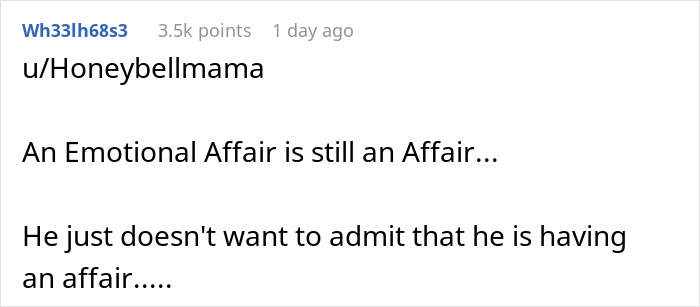 Text from a Reddit user discussing emotional affair and denial. Text from a Reddit user discussing emotional affair and denial.