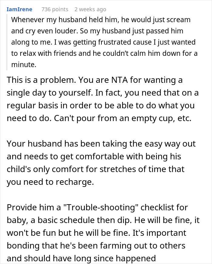 Reddit comment discussing a wife refusing to coddle husband over caring for their infant son. Reddit comment discussing a wife refusing to coddle husband over caring for their infant son.