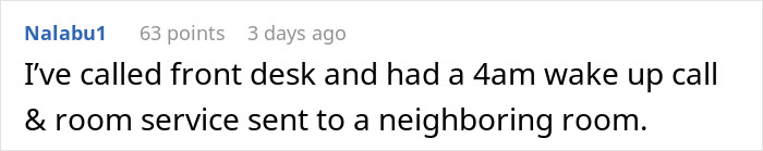 Comment about hotel room neighbors getting a 4am wake-up call after partying too hard. Comment about hotel room neighbors getting a 4am wake-up call after partying too hard.