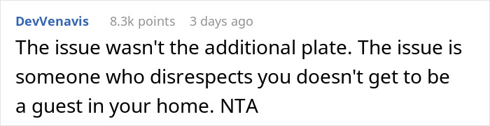 Comment about MIL issue with disrespectful guest at dinner, emphasizing home guest rules. Comment about MIL issue with disrespectful guest at dinner, emphasizing home guest rules.