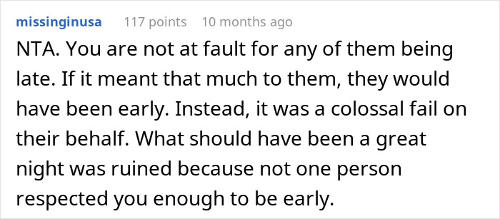 Reddit comment supporting a woman bullied for canceling a birthday dinner after no one showed up. Reddit comment supporting a woman bullied for canceling a birthday dinner after no one showed up.