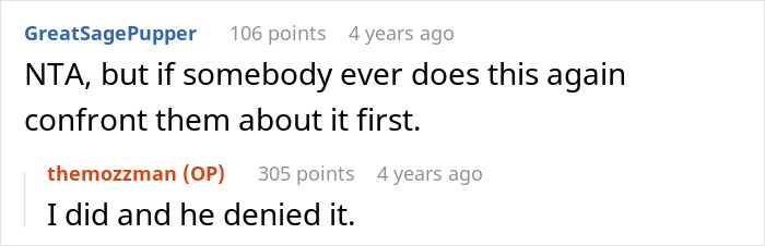 Reddit conversation about confronting food thief, mentioning mozzarella incident denial. Reddit conversation about confronting food thief, mentioning mozzarella incident denial.