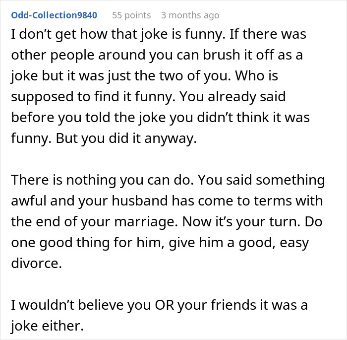 Text discussing a woman's joke backfiring and resulting in divorce papers from her husband. Text discussing a woman's joke backfiring and resulting in divorce papers from her husband.