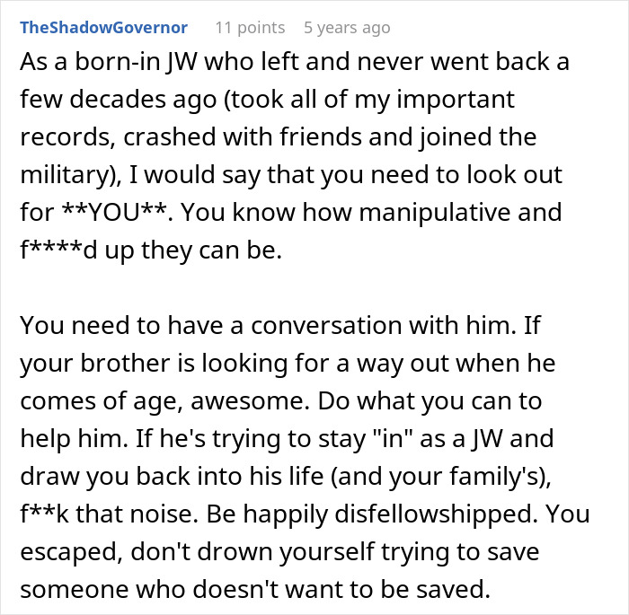 Reddit comment discussing religious upbringing and advice about a brother's choices. Reddit comment discussing religious upbringing and advice about a brother's choices.