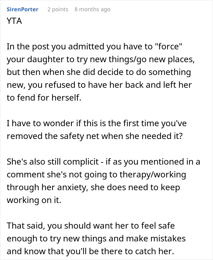 Reddit comment discussing a parent refusing to pick up their anxious daughter from a road trip. Reddit comment discussing a parent refusing to pick up their anxious daughter from a road trip.