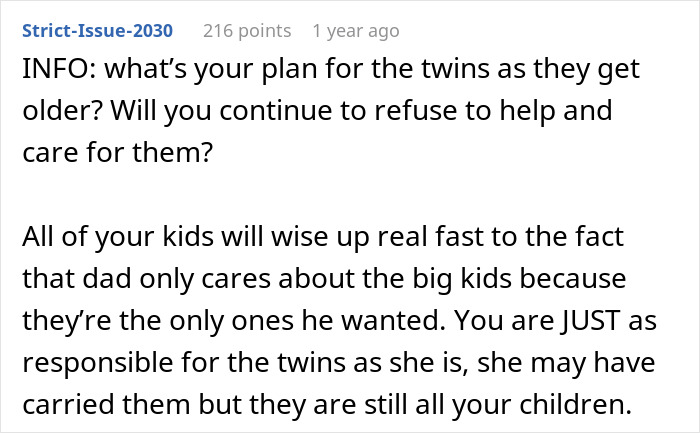 Comment about a dad refusing to help with twins, mentioning responsibility for all his children. Comment about a dad refusing to help with twins, mentioning responsibility for all his children.