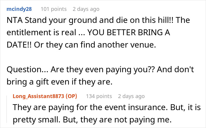 Online discussion about backyard wedding dispute and denied plus-one request; commenters express support for homeowner. Online discussion about backyard wedding dispute and denied plus-one request; commenters express support for homeowner.