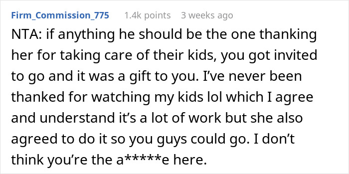 A Reddit comment discusses a brother gifting his sister a trip, with tension over babysitting duties. A Reddit comment discusses a brother gifting his sister a trip, with tension over babysitting duties.
