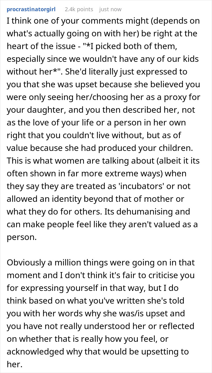 Text post discussing a wife's upset feelings about being valued only for giving birth, mentioning dehumanization. Text post discussing a wife's upset feelings about being valued only for giving birth, mentioning dehumanization.