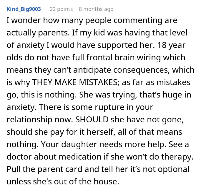 Text comment discussing a parent's role in supporting an anxious daughter after a road trip. Text comment discussing a parent's role in supporting an anxious daughter after a road trip.