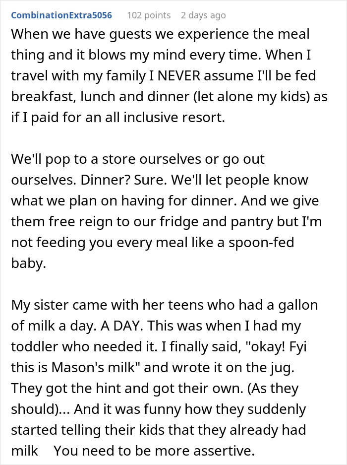 Text post about houseguests treating woman's home like a hotel, focusing on assertive behavior and setting boundaries. Text post about houseguests treating woman's home like a hotel, focusing on assertive behavior and setting boundaries.