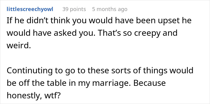 Reddit comment discussing issues in a marriage related to a husband's coworkers' game. Reddit comment discussing issues in a marriage related to a husband's coworkers' game.