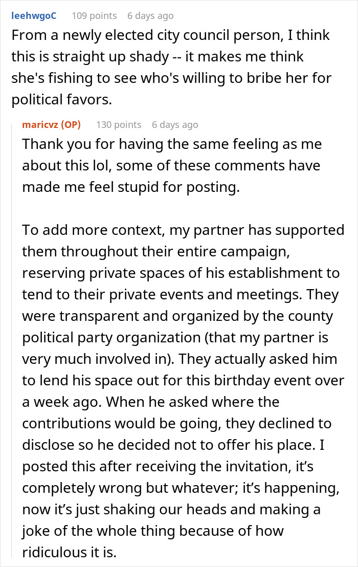 Reddit comments discussing lady's birthday celebration cost and perceived shady behavior. Reddit comments discussing lady's birthday celebration cost and perceived shady behavior.