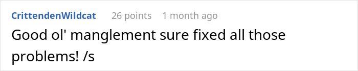 Screenshot of a sarcastic comment about an entitled boss and management issues. Screenshot of a sarcastic comment about an entitled boss and management issues.