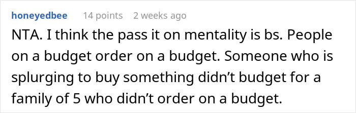 Text comment about refusing a "pay it forward" chain, expressing budget concerns. Text comment about refusing a "pay it forward" chain, expressing budget concerns.