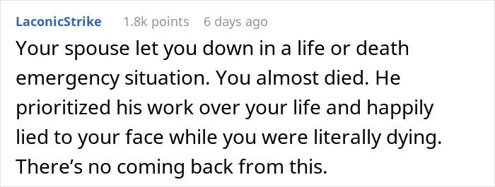 Comment discusses a husband's decision not to rush home in an emergency, impacting marriage. Comment discusses a husband's decision not to rush home in an emergency, impacting marriage.