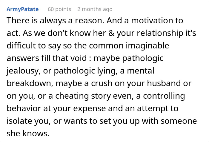 Reddit comment discussing motivations behind sabotaging a friend's marriage with lies. Reddit comment discussing motivations behind sabotaging a friend's marriage with lies.