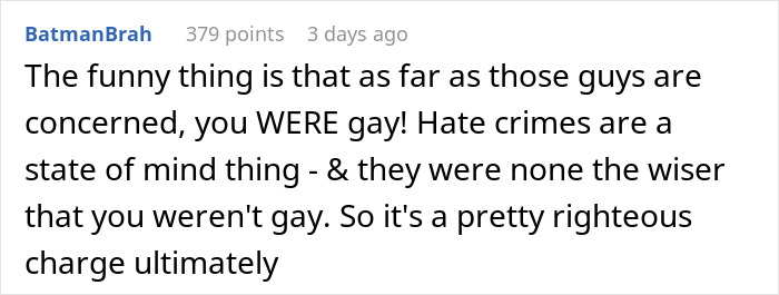 Reddit comment discussing a hate crime charge involving mistaken identity and gay bar customers. Reddit comment discussing a hate crime charge involving mistaken identity and gay bar customers.