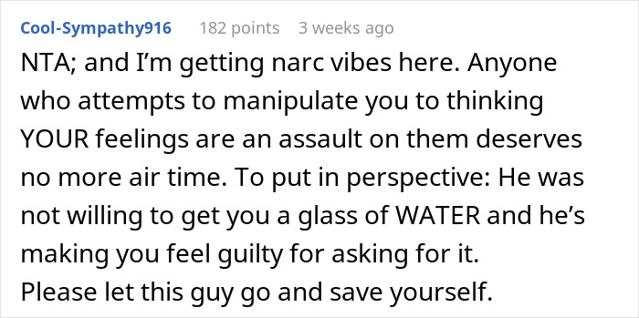 Comment describing refusal to get water, highlighting manipulation and narcissistic behavior in a relationship. Comment describing refusal to get water, highlighting manipulation and narcissistic behavior in a relationship.